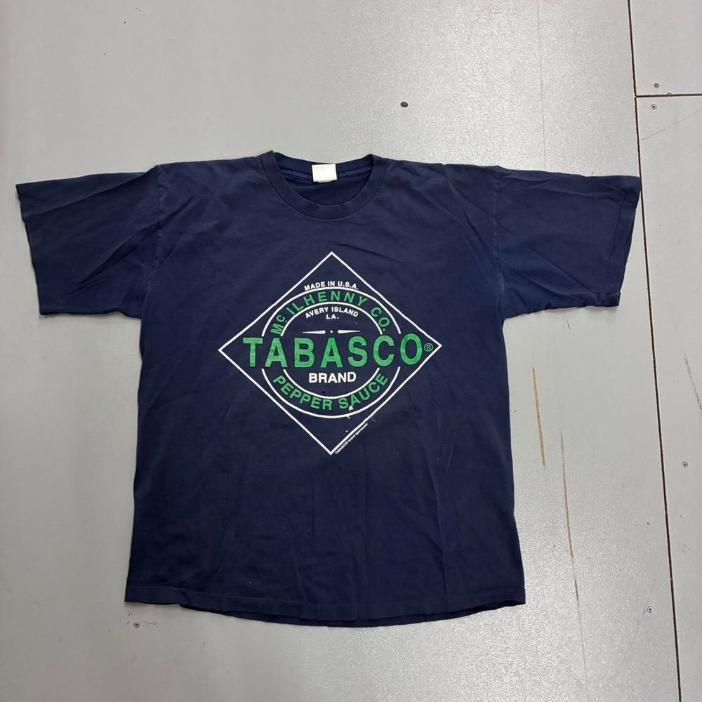Vintage 90s Tabasco Hot Sauce T-Shirt Mens Navy Single Stitch Made in USA